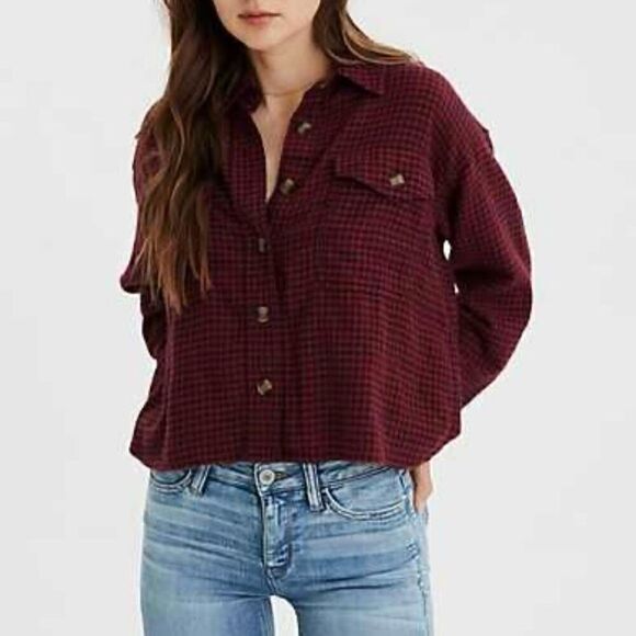 AMERICAN EAGLE Red Plaid Cropped Flannel Size L - Picture 1 of 8